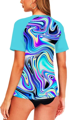 Vista 27 de AOBUTE Camisetas de natación de manga corta para mujer con protección solar degradada
