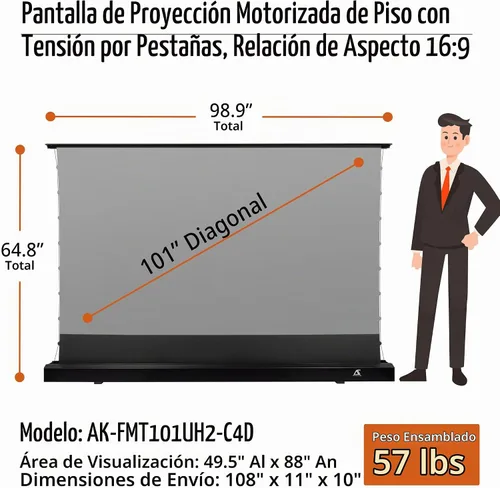 Vista 7 de Akia Screens CineGrey 4D AK-FMT101UH2-C4D - Pantalla de proyector de suelo de 101 pulgadas motorizada con control remoto, pantalla de proyector ALR