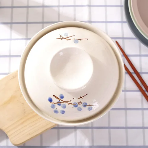 Vista 3 de WHJY Vajilla japonesa creativa de cerámica pintada a mano con tapa para sopa y fideos, con función de preservación del calor, cuenco y tapa azul