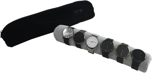 Vista 9 de Bolsa de viaje para reloj de pulsera, organizador de joyas, bolsa portátil de terciopelo negro y gris con inserto de rollo extraíble