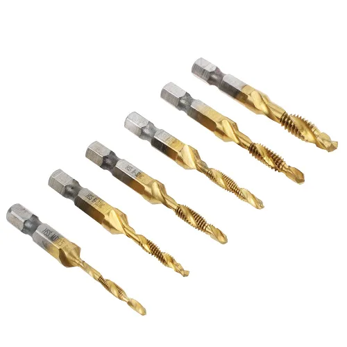 Vista 6 de Juego de brocas combinadas de titanio, 13 piezas, SAE y métricas, kit de brocas para roscas de tornillo, roscado, desbarbado, avellanado