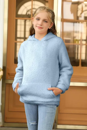 Vista 5 de Haloumoning Sudadera con capucha de forro polar mullido para niñas de 4 a 15 años