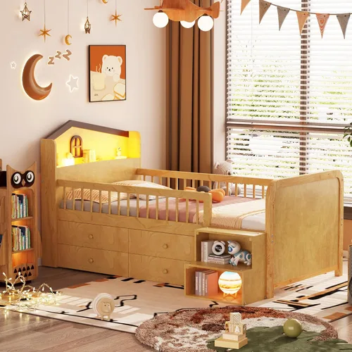 Vista 13 de Cama de plataforma de tamaño individual con cabecera de almacenamiento y luz LED integrada, base de cama de plataforma de madera con barandilla