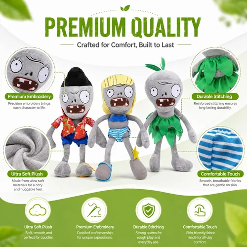 Vista 4 de Dyharnsty Juego de 3 bonitos juguetes de peluche de zombi, muñeca de peluche de PVZ para niños, grandes regalos para niños y fanáticos