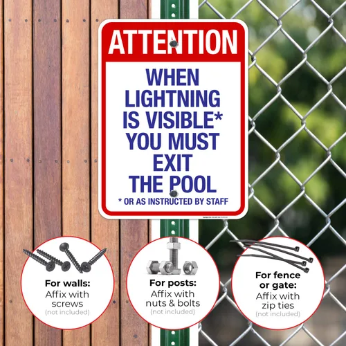 Vista 24 de Letrero con texto en inglés "Attention When Lightning is Visible You Must Exit The Pool - Letrero de piscina, 10 x 14 pulgadas, libre de óxido