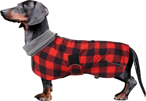 Vista 13 de Abrigos de perro salchicha impermeables, perfectos para perros salchichas, salchichas, abrigo de invierno para perro Weiner con forro polar