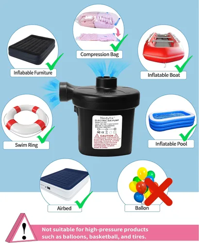 Vista 5 de Bomba de aire eléctrica inflable, bomba de inflado rápida portátil de 110 V AC/12 V CC con 3 boquillas, utilizada para barcos inflables, etc