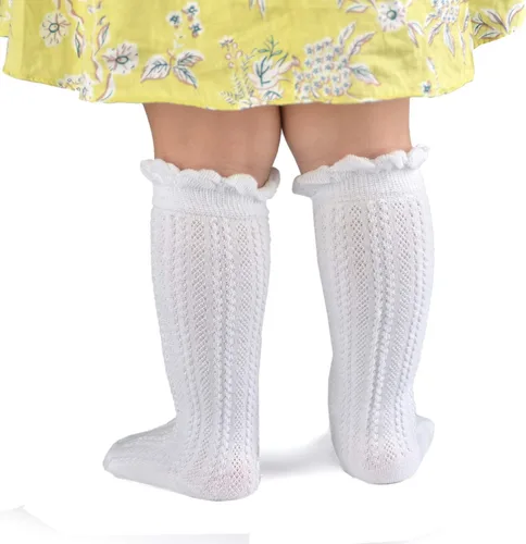 Vista 4 de Epeius - Calcetines altos de algodón para bebés y niñas, de uniforme, calcetas con vuelos (Paquete de 3 o 5)