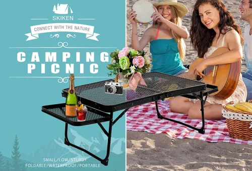 Vista 5 de Mesa de campamento pequeña baja con 2 paneles de alas, mesa de picnic baja plegable y al aire libre con 2 estantes, ligera y fácil de transportar