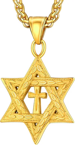 Vista 8 de U7 - Collar con Estrella de David para hombres y mujeres, dije hexagonal de acero inoxidable con cruz/piedra de rubí/collares clásicos judíos