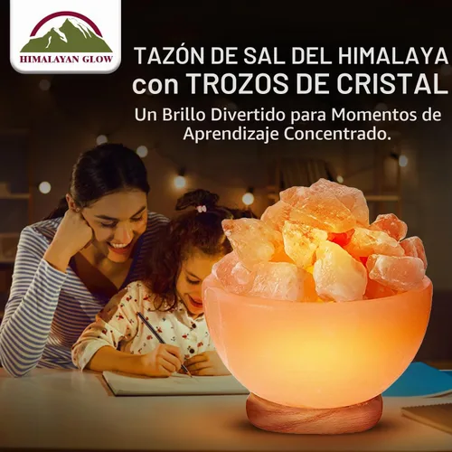 Vista 2 de Himalayan Glow Lámpara de cuenco de masaje con trozos de cristal de sal natural, cable de atenuación con base de madera clásica, lámpara de sal