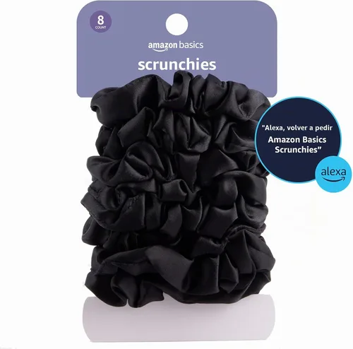 Vista 5 de Amazon Basics Scrunchies de Satén Negros para el Cabello, Paquete de 8