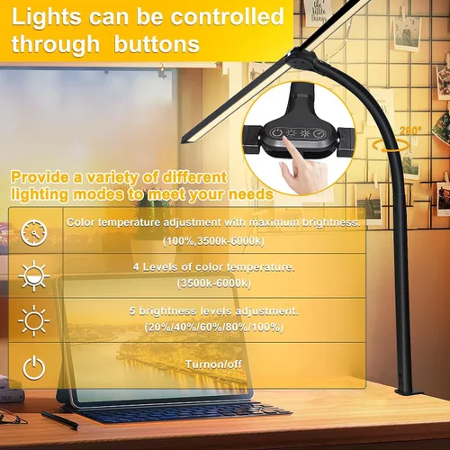 Vista 3 de lámpara de escritorio LED de doble cabezal para oficina - lámpara para el cuidado de los ojos con abrazadera, luz de escritorio de cuello de ganso