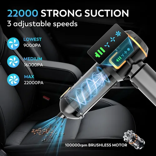 Vista 2 de Aspiradora para Automóvil, 22000PA Alta Potencia Aspiradora Portátil de Mano para Automóvil y Soplador de Aire, Mini Aspiradora Inalámbrica