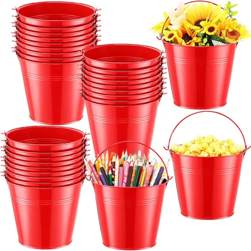 Vista 8 de Rtteri 24 cubos pequeños de metal con asa, mini cubetas a granel para lápices para aula, graduación, fiestas, canastas de hierro para flores de Negro