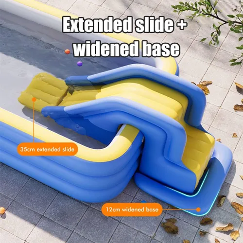 Vista 5 de Tobogán acuático inflable, lado extendido y base ampliada, pared de escalada compacta con soporte de baloncesto, diversión de verano al aire libre