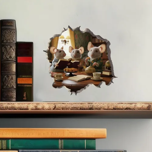 Vista 2 de Book Club - Adhesivo de pared 3D con diseño de ratones en agujero de ratón