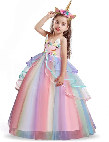Vista 2 de NNJXD Girls Unicorn Dress Rainbow Fancy Princess Costume Tulle Party Dresses