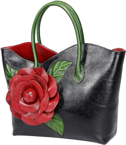 Vista 3 de PIJUSHI Bolsos y bolsos de mano de cuero genuino de diseñador para mujer con asa superior, bolso de mano de flores con cartera de cuero para mujer
