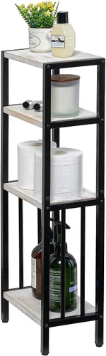 Vista 5 de MyGift Estante de pie de 4 niveles de madera maciza lavada de color blanco desgastado y metal negro mate, estante decorativo rectangular