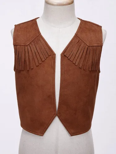 Vista 3 de Kids Cowboys Cowgirls Wild West Cosplay Fancy Dress-up Waistcoat Suede Tassel Vest Outwear Jacket