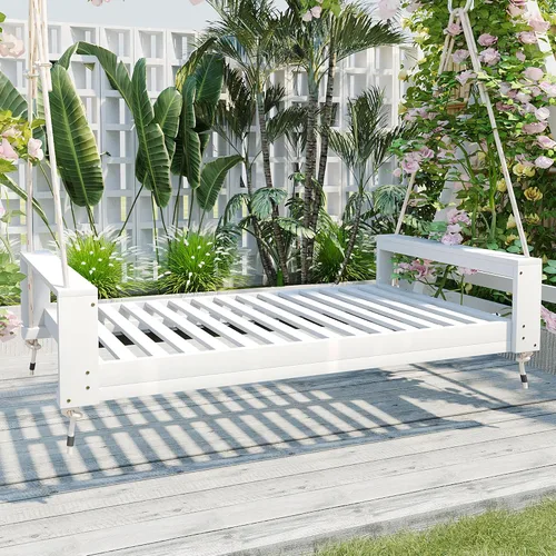 Vista 7 de Twin Size Porch Swing Bed Seating Group, Patio Acacia Wood Swing Frame with Hemp Ropes for Garden, Backyard, Yard, Lawn, Tree (Black-QN01)