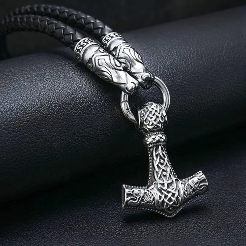 Vista 3 de BAVIPOWER Collar de martillo de Thor de acero inoxidable con cabeza de lobo cadena de cuero escandinavo vikingos nórdicos joyería para hombres