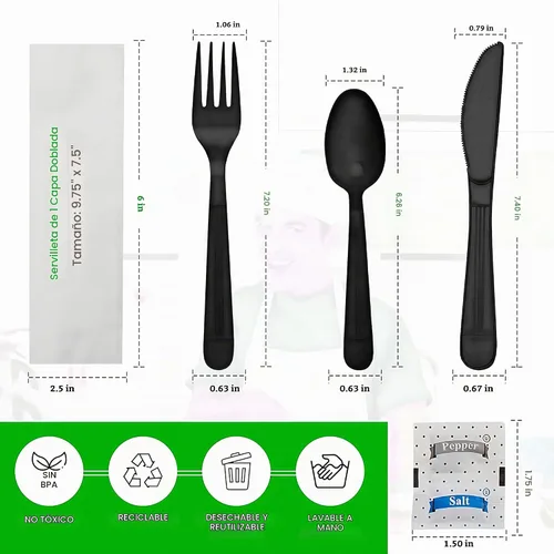 Vista 2 de Utensilios de plástico x [25 unidades] Juego combinado de cubiertos envueltos a granel, paquete variado de cubiertos desechables, suministros