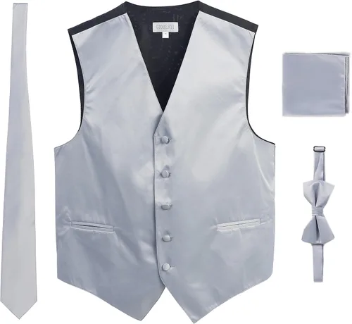 Vista 6 de Gioberti Chaleco formal de satén de 4 piezas para hombre, corbatín y pañuelo de bolsillo Negro D