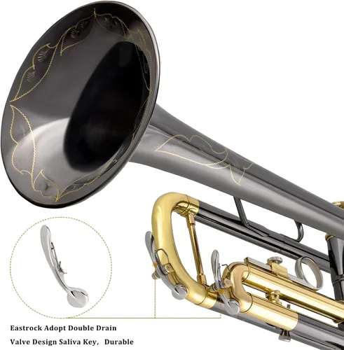 Vista 4 de EASTROCK Bb Trumpet Juego de trompeta estándar con estuche de transporte, guantes, boquilla 7C, kit de limpieza, varilla de afinación, níquel negro