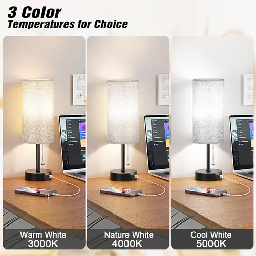 Vista 6 de Juego de 2 lámparas de noche grises para dormitorio, lámpara de mesa de noche con puerto de carga USB A + C, 3 temperaturas de color, cadena