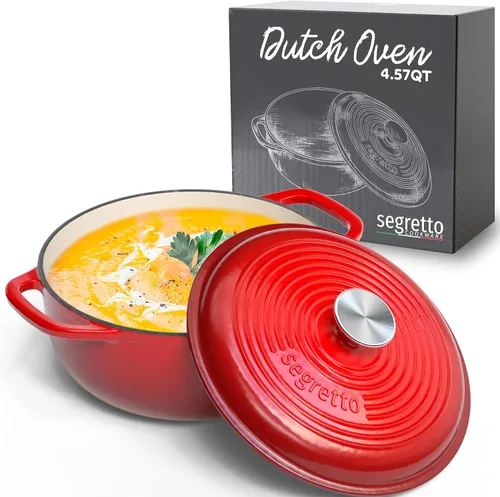 Vista 23 de Segretto Cookware Horno holandés ovalado de hierro fundido esmaltado, 7 cuartos de galón blanco Bianco Perla (Off-White)
