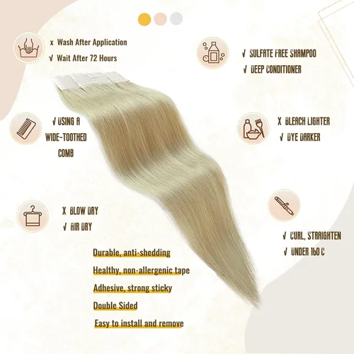 Vista 6 de Extensiones adhesivas rubias de cabello humano brasileño grado 9A, #60 rubio platino, cinta en 12 pulgadas, 20 unidades por juego, extensiones