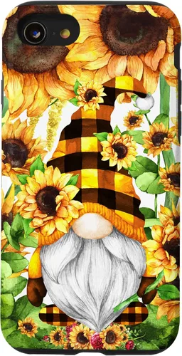 Vista 18 de iPhone 16 Gnomo de girasol con sombrero de cuadros de búfalo para niñas de moda lindo caso