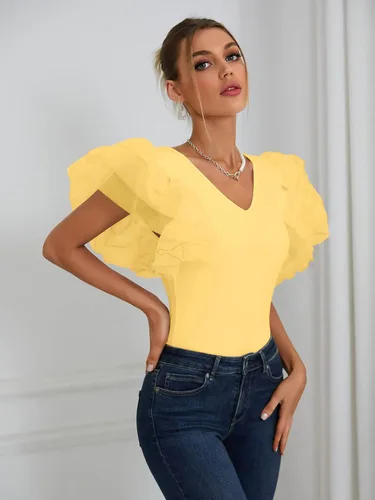 Vista 5 de LYANER Leotardo elástico con cuello en V y mangas de mariposa para mujer