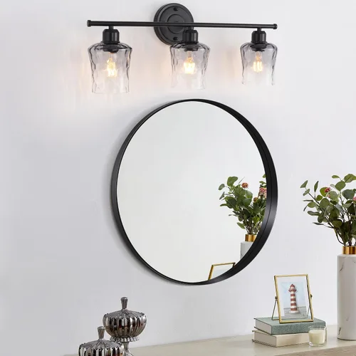 Vista 8 de Lámpara de baño de 3 luces, lámpara de tocador negra mate con pantalla de vidrio gris, moderna lámpara de pared de baño E26 para sobre espejo