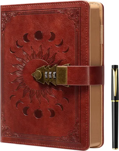 Vista 21 de ZXHQ Diario A5 con candado, 120Gsm 224 Páginas Diario con Cerradura, Juego de Bolígrafos, Borde Marrón, Rellenable, Tapa Dura de Cuero, Bolsillo