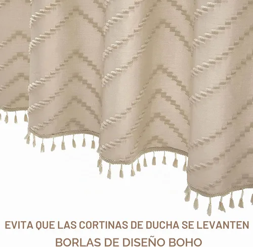 Vista 3 de Cortina de ducha Siiluminisoy de 36x72 beige, cortina de ducha de tela de tamaño pequeño, cortinas de ducha de tela con tufting, diseño chevron a