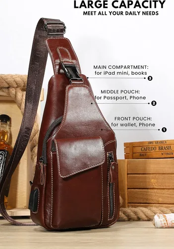 Vista 5 de Bolso bandolera pequeño de cuero para mujeres y hombres, bolsa cruzada, bolsa de pecho, mochila de viaje de hombro, resistente al agua, Caoba