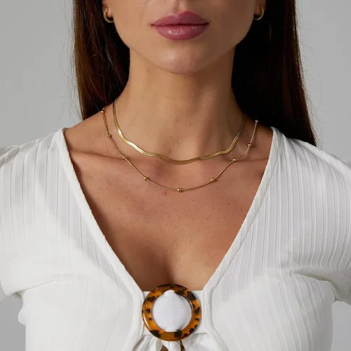 Vista 2 de Tasiso 14K Gold Filled Herringbone Choker Necklace Set Double Layer Snake Chain Herringbone Chain Necklace Layering Necklace Set Cuban Chain