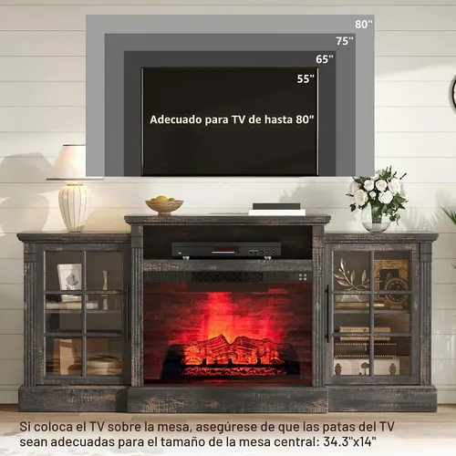 Vista 8 de AMERLIFE Soporte de TV con chimenea de 70 pulgadas para televisores de hasta 80 pulgadas, consola multimedia con armarios de almacenamiento