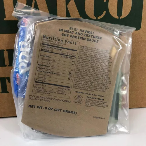 Vista 3 de Sopakco MRE Meals Ready-to-Eat Caja de 14 ct 10/20 Inspeccionar lote 7280 Reducido de sodio Compacto para llevar Nutrición estable