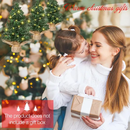Vista 4 de Shappy 3 piezas de mini árbol de Navidad con luz preiluminada, árbol de Navidad artificial de mesa LED en miniatura con base de lino