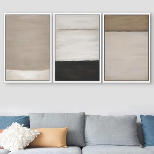 Vista 127 de SIGNFORD - Set de obras de arte en lienzo enmarcado para pared, ilustraciones abstractas de neblina del desierto en tonos neutros beige y marrón