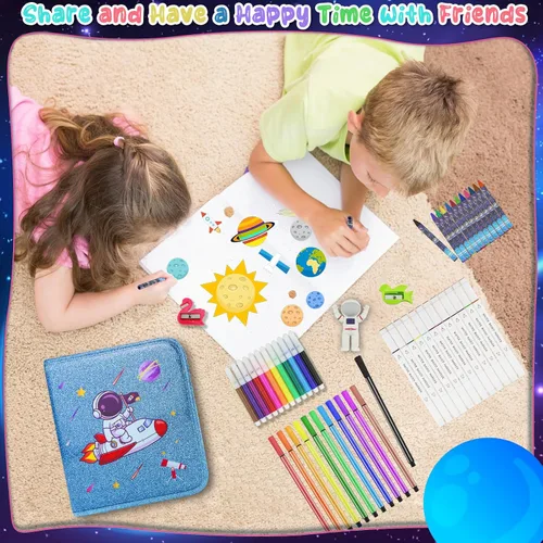 Vista 6 de JAMIEWIN Juego de marcadores con estuche espacial con purpurina, 73 piezas de suministros de arte y manualidades para niños, regalos para niños de 4
