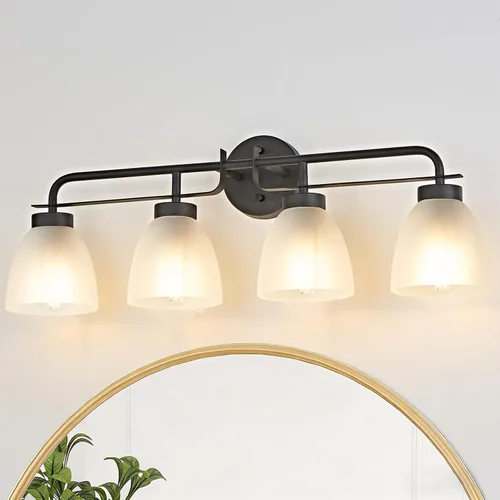 Vista 17 de Luces de tocador modernas de mediados de siglo de 16 pulgadas, lámpara dorada de 2 luces con pantallas de campana blancas esmeriladas, aplique