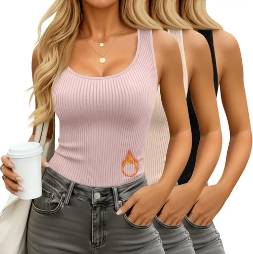 Vista 8 de Paquete de 3 camisetas térmicas sin mangas acanaladas para mujer, de forro polar de algodón, cuello redondo, ajustadas, capa base de camisola
