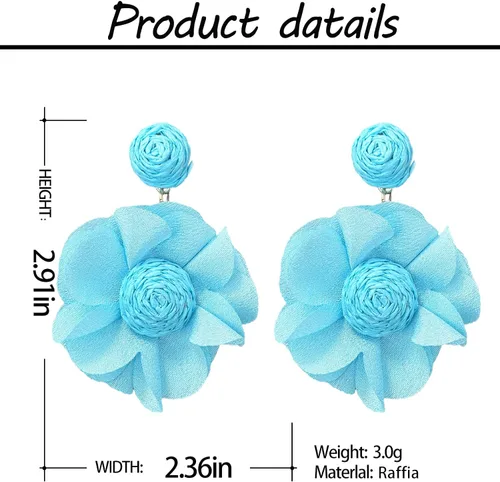 Vista 3 de Visyam Aretes colgantes de flores de ratán, aretes colgantes de flores de rafia, aretes bohemios para mujeres y niñas, día de San Valentín, día