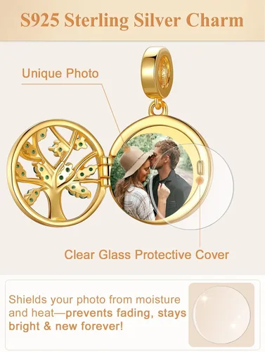 Vista 27 de Custom4U Photo Charms for Bracelets 925 Sterling Silver/Gold Plated Heart/Tree of Life/Round Charm Bead Personalized with Picture Custom