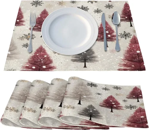 Vista 2 de Juego de 4 manteles individuales de decoración moderna para árbol de Navidad, lavables, impermeables, para decoración de mesa de comedor, 18 x 12